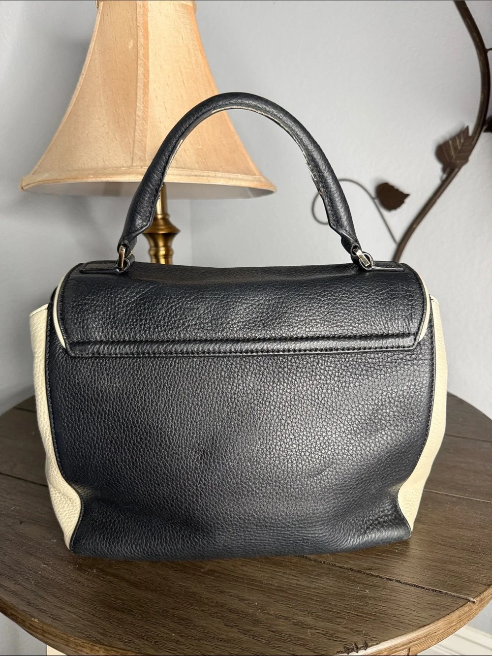 KATE SPADE Ivory & Black Colorblock Wesley Place Pebbled  Leather Handbag